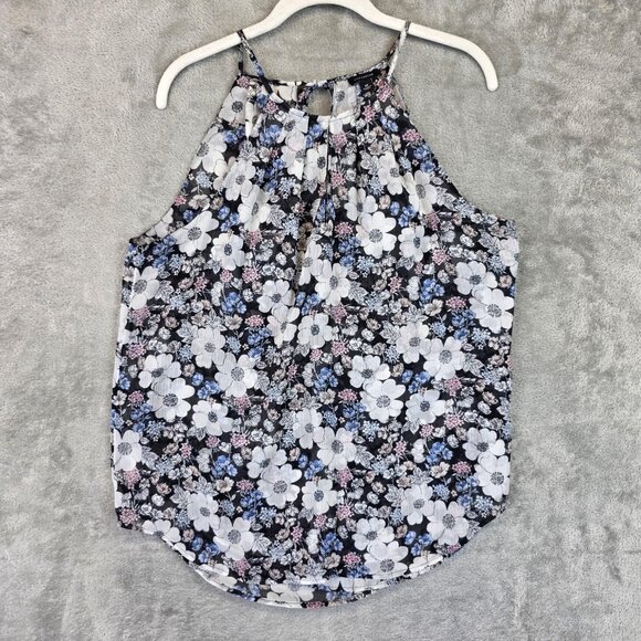 Ann Taylor Blouse Womens Medium Black Floral Halter Sleeveless Lined Keyhole - Picture 1 of 10